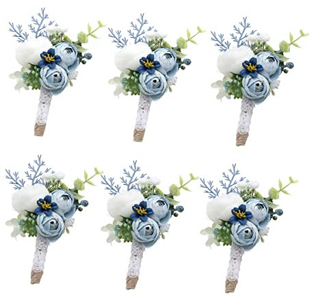 Ansofi 6 Stück staubige Blaue Boutonniere für Männer, Hochzeit, weiße Rose, Eukalyptus, Bräutigam, Trauzeugen, Knopflöcher für Hochzeit, Party, Abschlussball, Dekoration