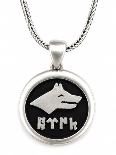 Generisch Türk Kurt Bozkurt Ottoman Wolf + 55 cm Halskette Silber 925 Gümüs Kurt ve Göktürkce Türk yazılı Kolye Göktürk OSMANLITÜRKIYE Bayrak AY YILDIZÜc Hilal