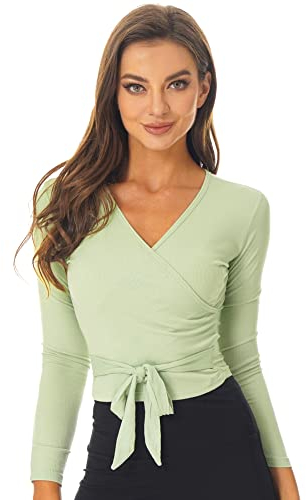 iEFiEL Damen Wrap Top Ballett Trikot Oberteile Langarm Tanz Top Gym Yoga Outfits Sportshirt Bolero Elegante Ballett Kleidung Hell Grün S