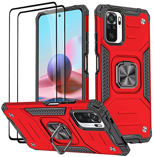 KANSi Funda para Xiaomi Poco M5S / Redmi Note 10S, Cristal Vidrio Templado [2 Piezas] Capa Anillo iman Soporte Hard PC y Silicona TPU Antigolpes Armor Carcasa - Rojo