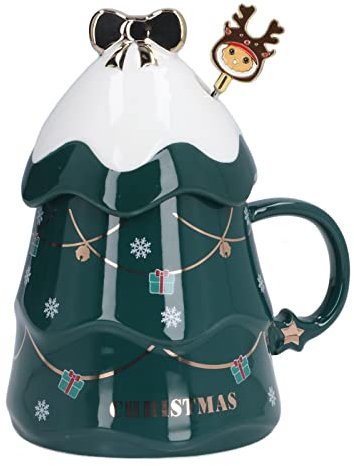 Christmas Ceramic Mug, 500ml Large Capacity Cute Christmas Mug with Lid and Spoon, Christmas Tree Shaped Cup, Christmas Coffee Mug, Ceramic Mug Milk Cup Unique Gifts for(Green lid with Mixing Spoon)