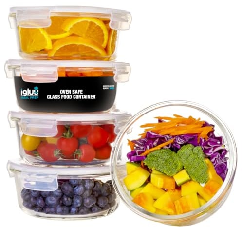 Igluu Meal Prep - Recipientes De Vidrio Para Comida Tapa Transparente Con Respiraderos Para Vapores - Libres De BPA - Aptos Para Microondas, Congelador, Horno y Lavavajillas - Set de 5 + 1 Tapa Gratis