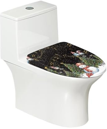 COEQINE Round Toilet Seat with Lid Cover Soft Comfy Christmas Theme Cute Christmas Tress Snowman Print Toilet Seat Cover for Home