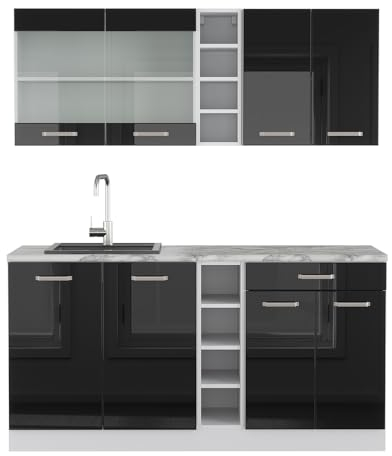 Vicco Singleküche R-Line, Schwarz Hochglanz/Weiß, 160 cm ohne Arbeitsplatte