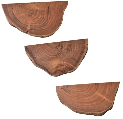 Wohnling Wandregal 3er Set Akazie Vollholz Hängeregal Baumscheibe, Natur Pflanzentreppe für die Wand, Schweberegal Hängend mit Baumkante, Blumentreppe Baumstamm Modern