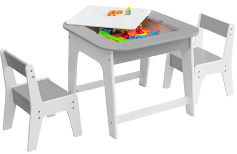 COSTWAY Kids Table and Chairs Set, Wooden Toddler Activity Table Set with Double-Sided Tabletop and Hidden Storage, 3 PCS Children Furniture Set for Learning Drawing Eating (Grey+White)