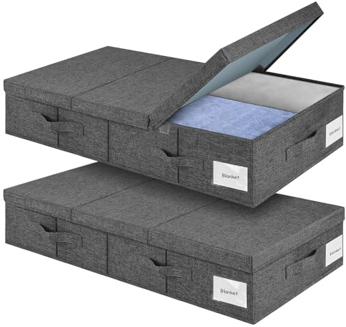 Eurhomewit Foldable Underbed Storage Boxes with Lids - 2 Pack Organiser with 4 Handles for Clothes/Blanket - Dark Grey