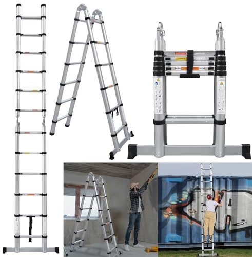 A Frame Telescopic Ladder 3.8M/12.5FT Aluminium Extension Ladder with Stabilizer Bar, Multi Purpose Extendable Loft Ladder Portable Folding Ladder, 12 Steps Adjustable Height Collapsible Roof Ladder