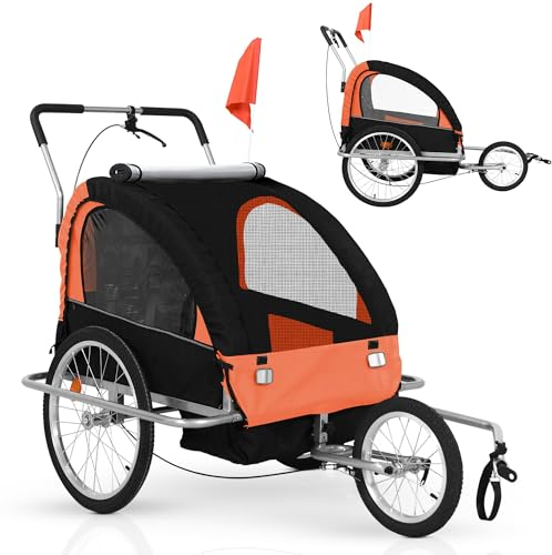 Jago® Rimorchio per Bicicletta - Bici, 2 Posti, da Bambini da 12+ Mesi, Fissaggio a 5 Punti, Pieghevole, Tasche Laterali, Carico Massimo 40kg, 3 colori - Carrellino Cani, Passeggino (Arancia)