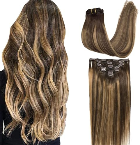 GOO GOO Clip in Extensions Echthaar, Echthaar Extensions Clip, 30cm 85g 7pcs, Clip In Haarverlängerung, 4/27/4 Braun Blond