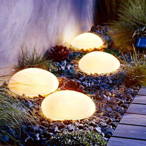 JOHOO Lot de 4 lampes solaires d'extérieur étanches avec galets solaires pour jardin, lumières décoratives avec LED blanc chaud