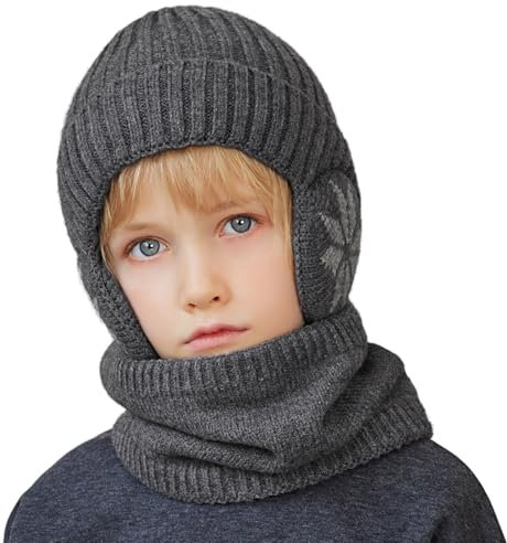 Cheerful Mario 3-8 Jahre Winter Mütze Schal Set Kinder Jungen Wintermütze mit Ohrenschützer und Loop Schal Warme Fleecefutter Dunkegrau
