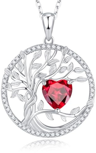 GEMLANTO Tree of Life Necklaces 925 Sterling Silver July Birthstone Ruby Necklace Red Gemstone Heart Birthstone Jewellery Gifts for Women Girls, 45+5cm Extenders