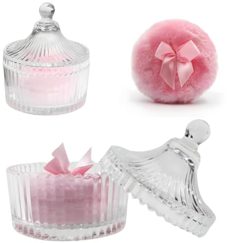 Habitable tree 2 Pcs Large Body Powder Puff and Container Valentine's Day gift Powder Container with Puff Crystal Case Soft Washable Reusable Velour Face Body Glitter Wet Dry Makeup (Pink)