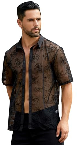 ABEHIK Herren Sexy Rose Netzhemd Kurzarm Durchsichtiges Oberteil Rave Musikfestival Shirt Männer Kinkywear Swingerclub Outfit