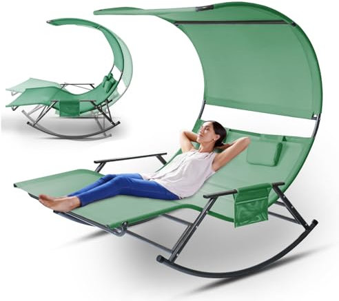 Jaxguom Doppelliege Outdoor, doppel Schaukelliege bis 250 kg, sonnenliege für 2 Personen, mit Sonnendach, Tasche, Atmungsaktives Gewebe, Vielseitige Farbwahl für Garten, Balkon, Terrasse(Grüner)