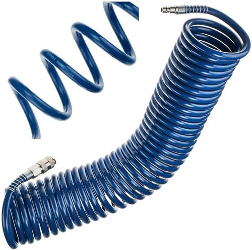 Druckluftschlauch SP-PE 10 m, Flexibler Spiralschlauch Ø8/12 mm, Luftschlauch PE, max. Druck 10 Bar, mit Knickschutz und Schnellkupplung, für Garage und Werkstatt