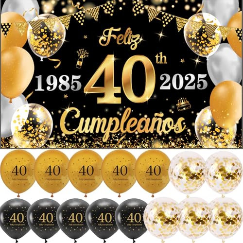 (1+15) Decoración para Cumpleaños 40 Escrita en Español 1 Pancarta Feliz Cumpleños 40 Decoración 40 Años Negro Oro Happy Bithday Fondo Cartel con15 Globos para Cumpleaños Adornos Kit para Cumpleaños