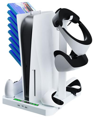 PS5/PS5 PRO/Slim Stand con ventola a 3 velocità regolabile automaticamente, supporto PS5 e controller stazione di ricarica, supporto multifunzione LED con magnete per controller PS5& Edge, set di