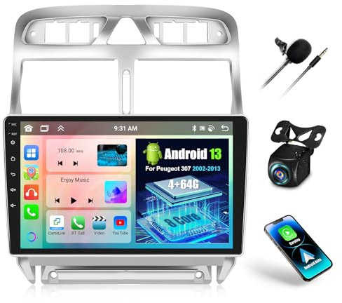 OiLiehu 8 Núcleos 4+64GB Android 13 2 DIN CarPlay Android Auto Autoradio para Peugeot 307/307 CC/307 SW 2002-2013 Radio Coche 9 Pulgadas con Bluetooth GPS FM/RDS WiFi SWC DSP/EQ Camara Marcha Atras