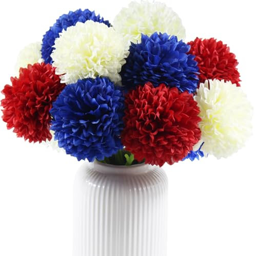 YGbridge Patriotic Flowers Silk Faux Ball Chrysanthemum, 12PCS Artificial Silk Flowers Red White and Blue Flowers for 4th of July Decor, Table Centerpiece (12, Red, White, Blue)