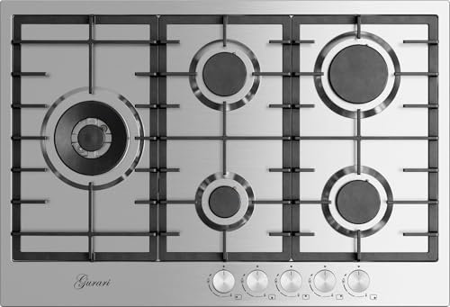 Gurari Gaskochfeld 75 cm Edelstahl GCH FG 755 Einbau Gasherd mit 5 Flammen • Hochleistungs-WOK-Brenner 4,0 kW • Erdgas & Propan • Massive Gusseisenroste • Modernes Design trifft Profi-Qualität