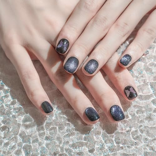 Sun&Beam Nails Handmade Press-on Short Squoval Round Black Magnet glossy Hand-Painted Design Fashion False Nail Tips 10 Pcs Set (#233 XS)