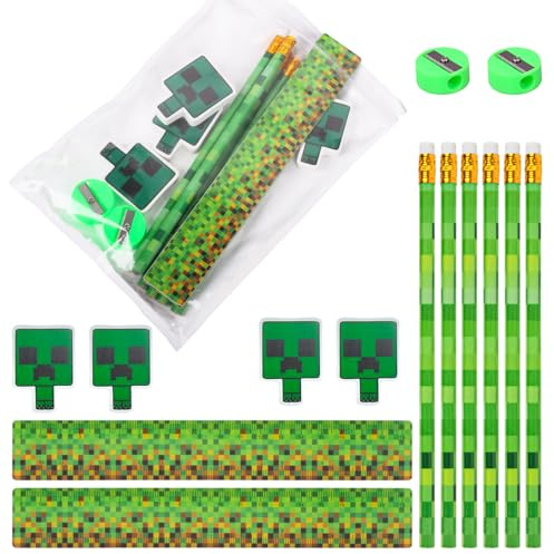 14 Stück Pixel Schreibwaren Set, Miner Bleistifte mit Radiergummi | und Lineal, Anspitzer, Pixel Stifte Set für Schulanfang, Geschenk & Miner Theme Gastgeschenke für Geburtstag