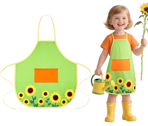 Alaoo Gärtnerschürze Kinder, Grillschürze, Grün Gärtnerin Kostüm | Applikationen mit Sonnenblumen und Wiese Applikationen, Unisex Design für Karneval und Mottopartys