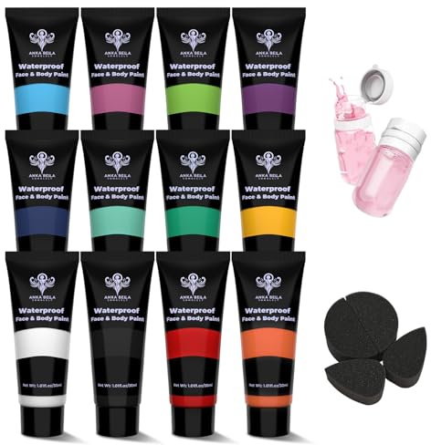 Anka Bella 12 Colors Waterproof Face Body Paint,Anti Smudge Sweatproof,Cream Body Paint with Sponge and Makeup Remover,Halloween SFX Cosplay Stage Makeup Face Painting for Adult and Children(Basic)