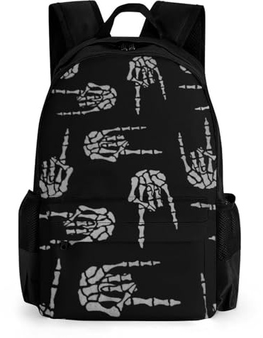 SMAZDFXX Heavy Metal Skull Rock Hand Große Kapazität Vollständig bedruckter Rucksack mit Taschen Unisex