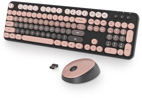 Vumilstek Colorful Pink Keyboard and Mouse Set Wireless, American QWERTY Retro Typewriter 2.4GHz Full Size Round Keys with Number Pad for Students Home Office PC Laptop(Raspberry)