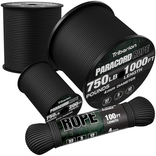 TRIBERION Paracord Rope 750 lb - 200ft 5/32 Parachute Cord 4MM 12-Strand para Cord - Heavy Duty Spool String for Survival,Camping Gear, Survival Bracelet, Clothesline - Black