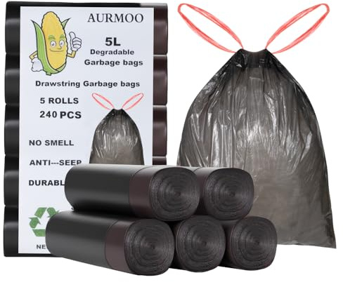 AURMOO 240x Sacs Poubelle 5L avec Cordon de Serrage, Sac de Déchets, | Sacs Poubelle Dégradables, Sac à Ordures de Cuisine, Sac Poubelle, Sacs de Déchets à Bande de Fixation, 32 x 35cm