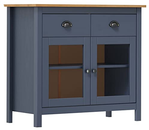 Foknhdi Sideboard Hill 90x40x80 cm Kiefer Massivholz mit 2 Schubladen und Glastüren Modernes Design Robuste Kommode für Wohnzimmer Flur Schlafzimmer