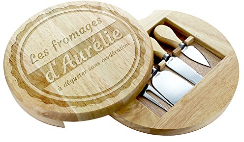 Amikado Plateau à Fromage pivotant et 4 Couteaux à Fromage personnalisé d'un Badge avec Texte Libre