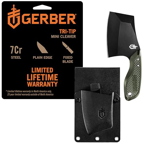 Gerber Gear TRI-Tip Mini Cleaver Fixed Blade Camping Knife with Molle Sheath for Survival and Bushcrafting, Green