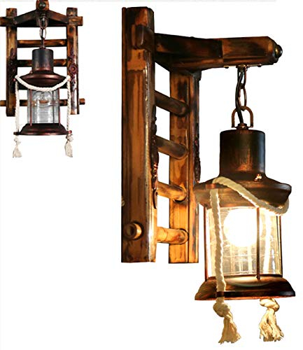 E27 Wandlampe Retro Massivholz Wandleuchte Kunst Eisen Laterne Antike Bar Cafe Restaurant Wandbeleuchtung Wohnzimmer Schlafzimmer Dekorative Beleuchtung Glas Innenwandleuchte (F)
