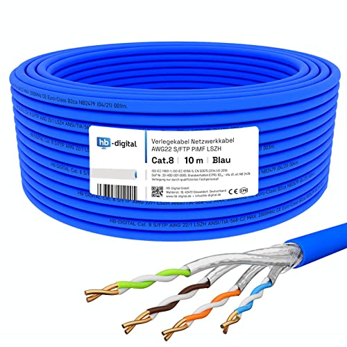 hb-digital 10m Cat 8.1 Cable de red Cable de instalación Cable de datos Cable LAN Ethernet Cat.8 hasta 40 Gbit/s Cobre S/FTP 2000 MHz PIMF LSZH Cat8 Libre de halógenos Conforme RoHS AWG 22/1 azul