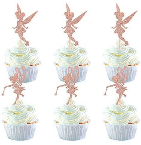 24 Stück Fee Cupcake Toppers Glitter Blume Engel Fee Geburtstag Tortendeko Ballett Tänzer Tortendeko für Hochzeit Braut Dusche Baby Dusche Geburtstag Party Kuchen Dekorationen Zubehör Roségold
