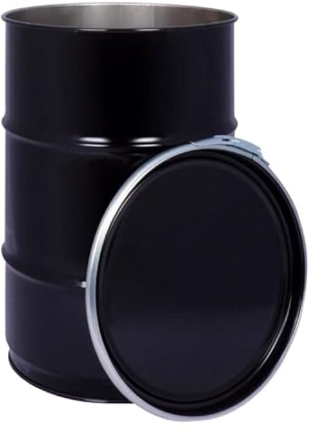 Jerrycanshop – Fût de couvercle en acier 60 l avec couvercle amovible – 60 l – Tonneau en acier avec anneau de serrage – Noir