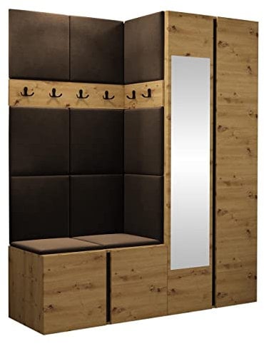 Mirjan24 Garderoben-Set Monati XII, Kleiderschrank mit Spiegel, Schuhschrank, 2X Kleiderhakenbrett, Gepolstertes Paneel/Wandpaneel, 6 Doppelhaken, Flurgarderobe (Eiche Artisan/Schwarz, Manila 04)