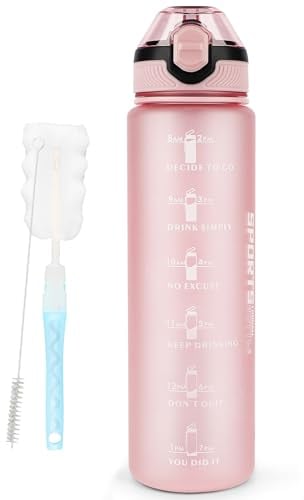AOHAN Bouteille d'eau de 1 L sans BPA avec paille, passe au lave-vaisselle, couvercle anti-fuite, bouteille d'eau motivante avec marquages de temps, non toxique