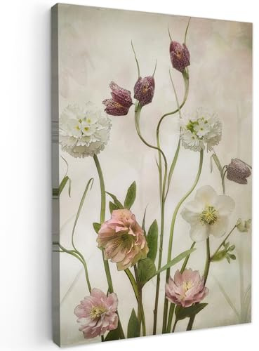 MuchoWow© Leinwandbild Dekoration Wohnzimmer Vintage Bilder Aufhängen Wall | 60x90 cm - Decoration Living Room Wohnungs Deko Moderne Blumen - Frühling - Garten - Trockenblumen