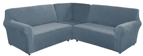 DEZYPZAM L-Form Sofahusse 5/7-Sitzer Eckcouch Cover, Sofabezug L Form Stretch Sofabezug, Samt Sofabezug L Form 5 Sitzer, für 5 Sitzer Ecksofa (Grau Blau,7 Sitzer)