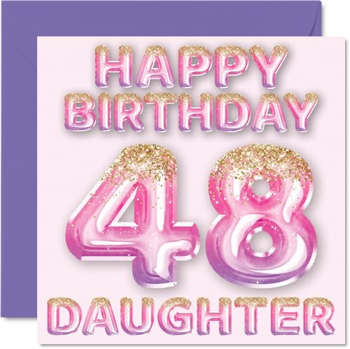 48th Birthday Card for Daughter, Pink & Purple Glitter Balloons | Happy Birthday Cards for 48 Year Old Daughter from Mum or Dad Parents, 145mm Bday Greeting Cards Gift