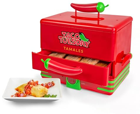 Nostalgia Taco Tuesday Tamales Steamer - Vaporizador de alimentos de 2 niveles para verduras, macetas, perrito caliente, huevo y tamal caliente, rojo y verde