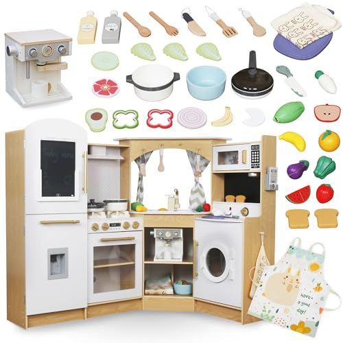 Mamabrum Cuisine en Bois pour Enfants 3+, Cuisinière à Jouets Interactive XXXL avec Éclairage LED, Cafetière et Accessoires - Pots, Ensemble Légumes et Fruits - Jusqu'à 50 Pièces
