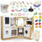 Mamabrum Cocina Infantil de Madera XXXL - Juguetes Cocina Niños con LED, Grifo Interactivo y Accesorios Juguete - Set 50 Piezas con Frutas, Verduras y Utensilios