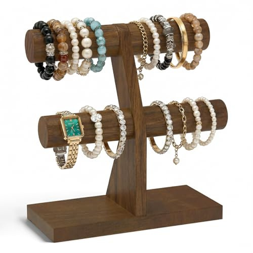EsLuker.ly 2 Etagen Armbandhalter Holz, Armbandständer Armband Organizer Rolle für Heim Messe,T-Stange Große Kapazität Schmuckständer Bracelet Holder für Armreifen Uhren, Platzsparend, Braun